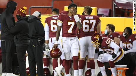 Dwayne Haskins # 7 of the Washington Soccer Team responds to the touchline against the Carolina Panthers.