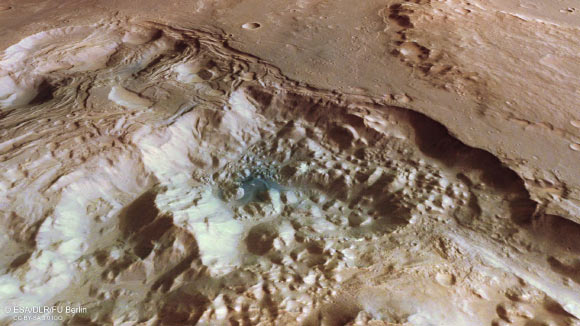 Perspective view of chaotic terrain in Pyrrhae Regio, Mars. Image credit: ESA / DLR / FU Berlin / CC BY-SA 3.0 IGO.