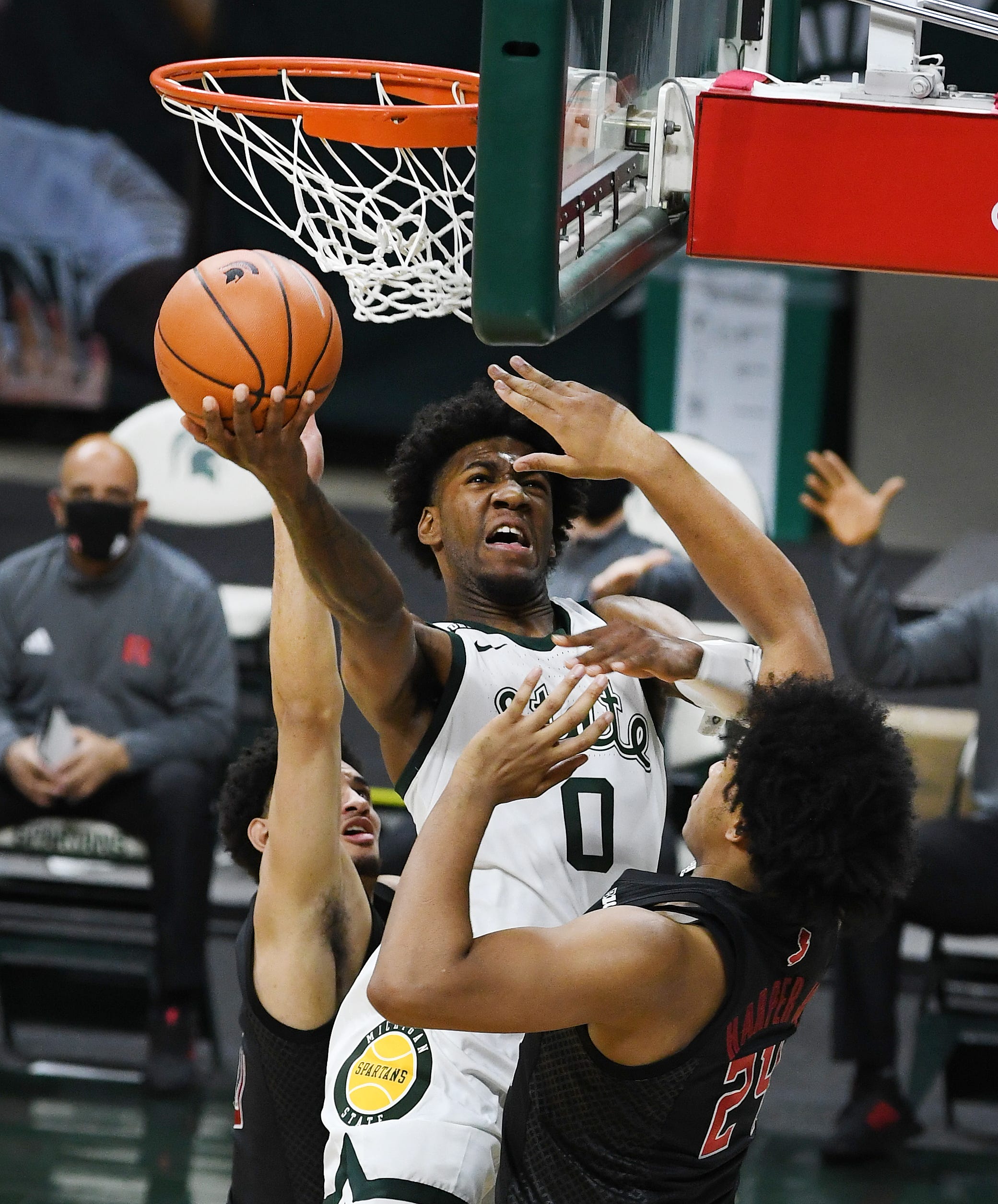 Aaron Henry from Michigan State fighting under the basket in the first half.  Henry finished on 20 points in MSU's 68-45 win over Rutgers on Tuesday.